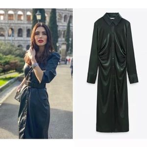 NWT Zara Satin Dark Green Shirt Dress XL